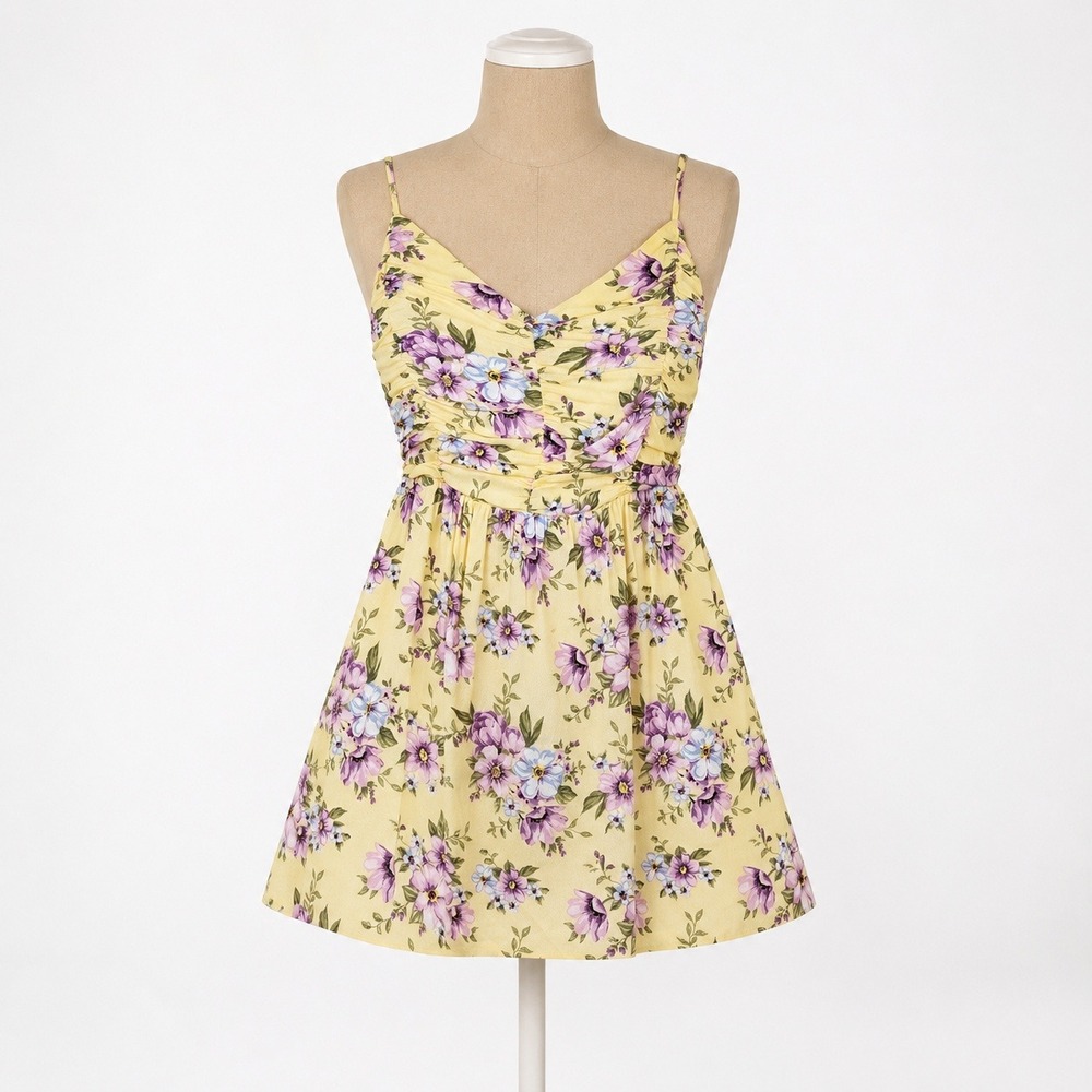 Floral Ruched Lace Up Mini Dress Size M Butter Yellow Fairy Garden Coquette Twee
